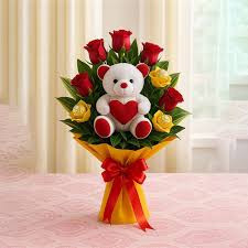 Valentine Mixed Roses With Teddy